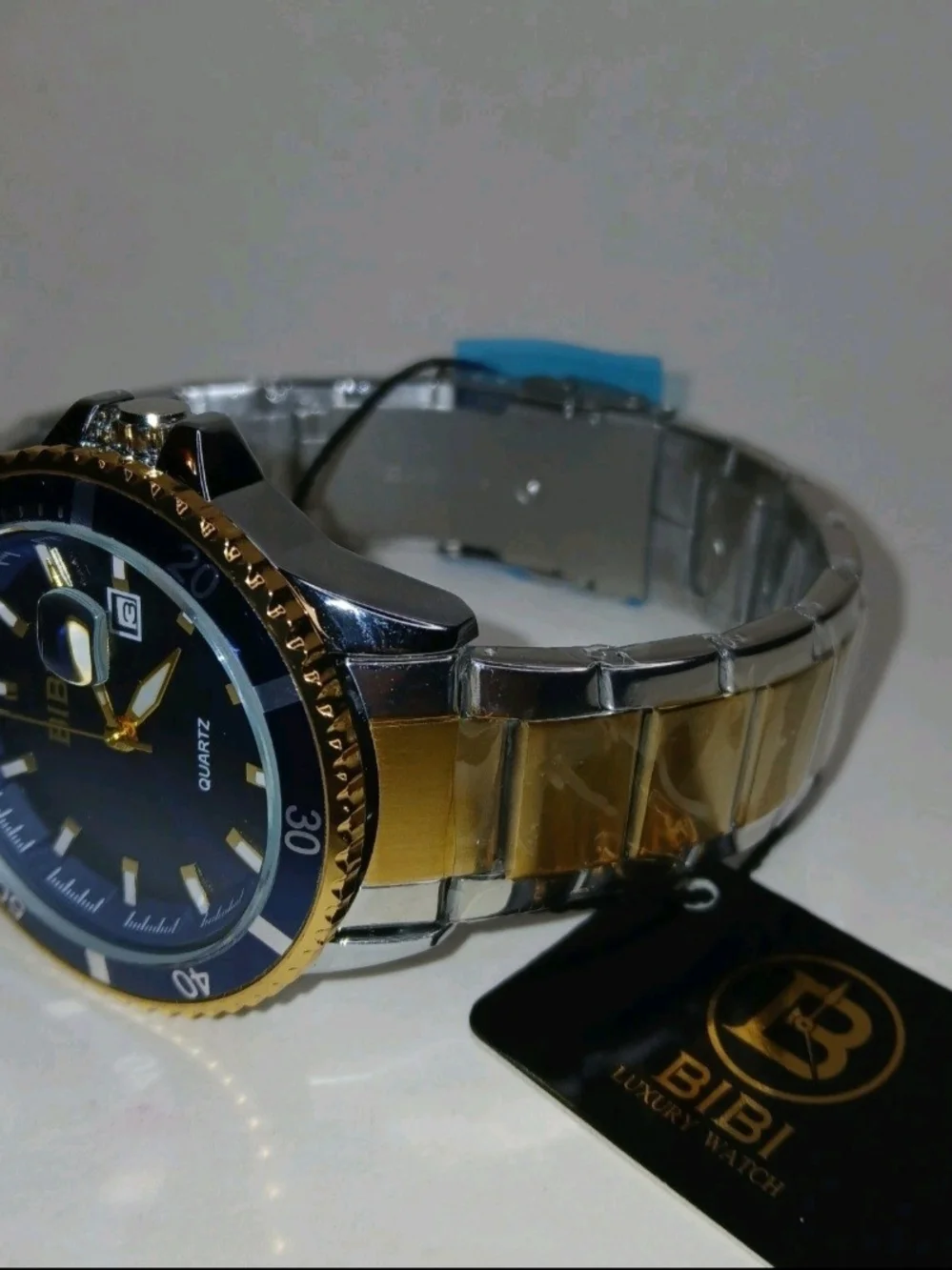 BiBi Quartz Diver Style Date Watch Blue Dial Silver Case Silver Gold Band New
